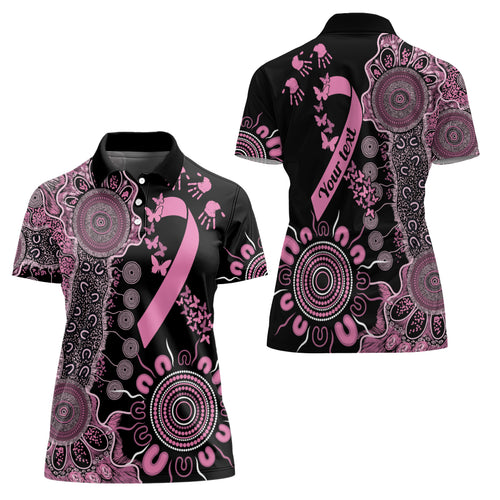 Personalised Aboriginal Ribbons Women Polo Shirt Beautiful Butterflies Breast Cancer Awareness