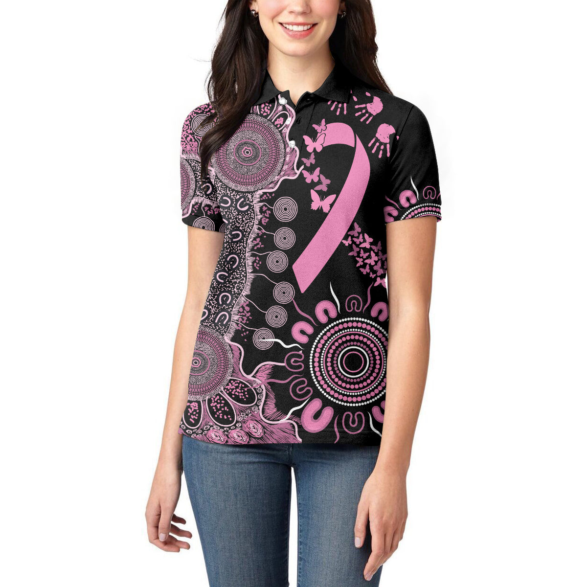 Personalised Aboriginal Ribbons Women Polo Shirt Beautiful Butterflies Breast Cancer Awareness