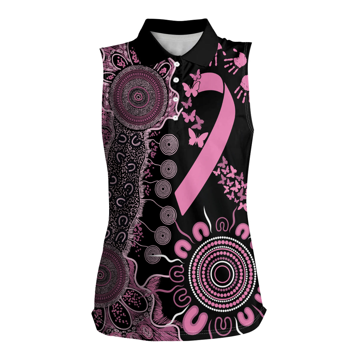 Personalised Aboriginal Ribbons Women Sleeveless Polo Shirt Beautiful Butterflies Breast Cancer Awareness