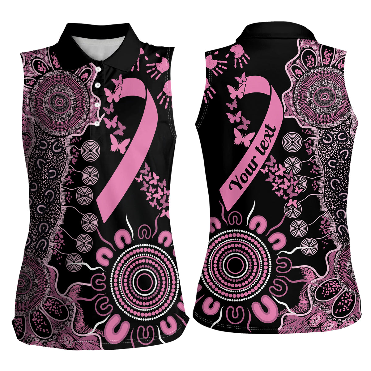 Personalised Aboriginal Ribbons Women Sleeveless Polo Shirt Beautiful Butterflies Breast Cancer Awareness