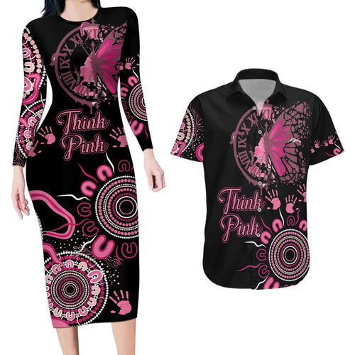 Personalised Aboriginal Ribbons Couples Matching Long Sleeve Bodycon Dress and Hawaiian Shirt Think Pink Butterfly Art Wall Clock Breast Cancer