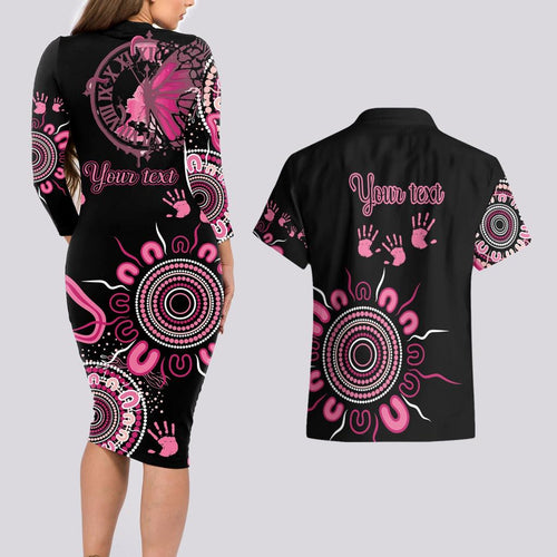 Personalised Aboriginal Ribbons Couples Matching Long Sleeve Bodycon Dress and Hawaiian Shirt Think Pink Butterfly Art Wall Clock Breast Cancer