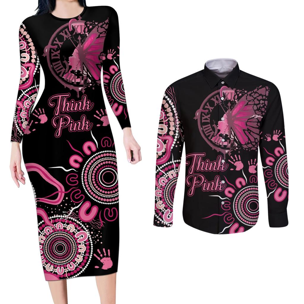 Personalised Aboriginal Ribbons Couples Matching Long Sleeve Bodycon Dress and Long Sleeve Button Shirt Think Pink Butterfly Art Wall Clock Breast Cancer