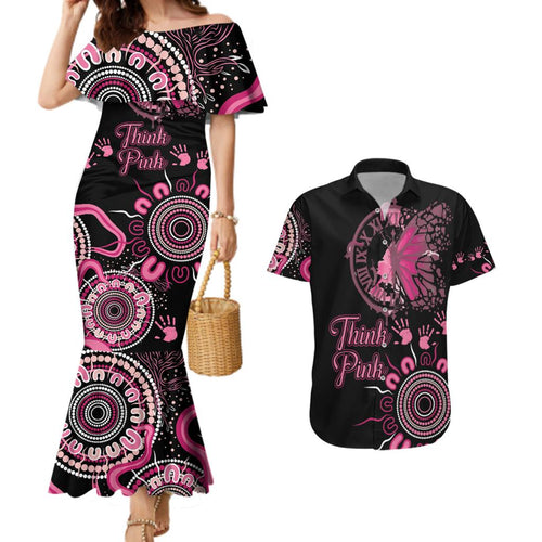 Personalised Aboriginal Ribbons Couples Matching Mermaid Dress and Hawaiian Shirt Think Pink Butterfly Art Wall Clock Breast Cancer