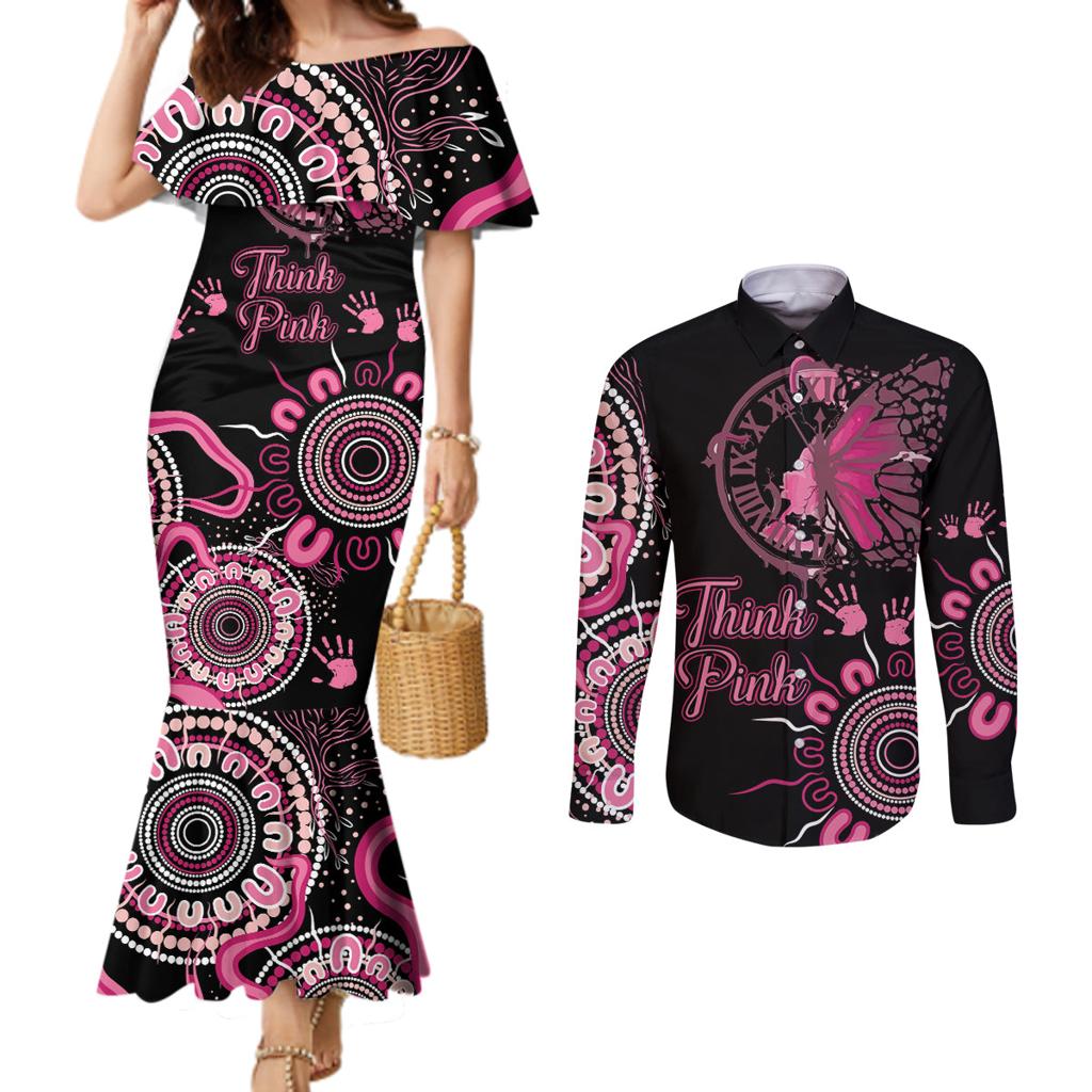 Personalised Aboriginal Ribbons Couples Matching Mermaid Dress and Long Sleeve Button Shirt Think Pink Butterfly Art Wall Clock Breast Cancer