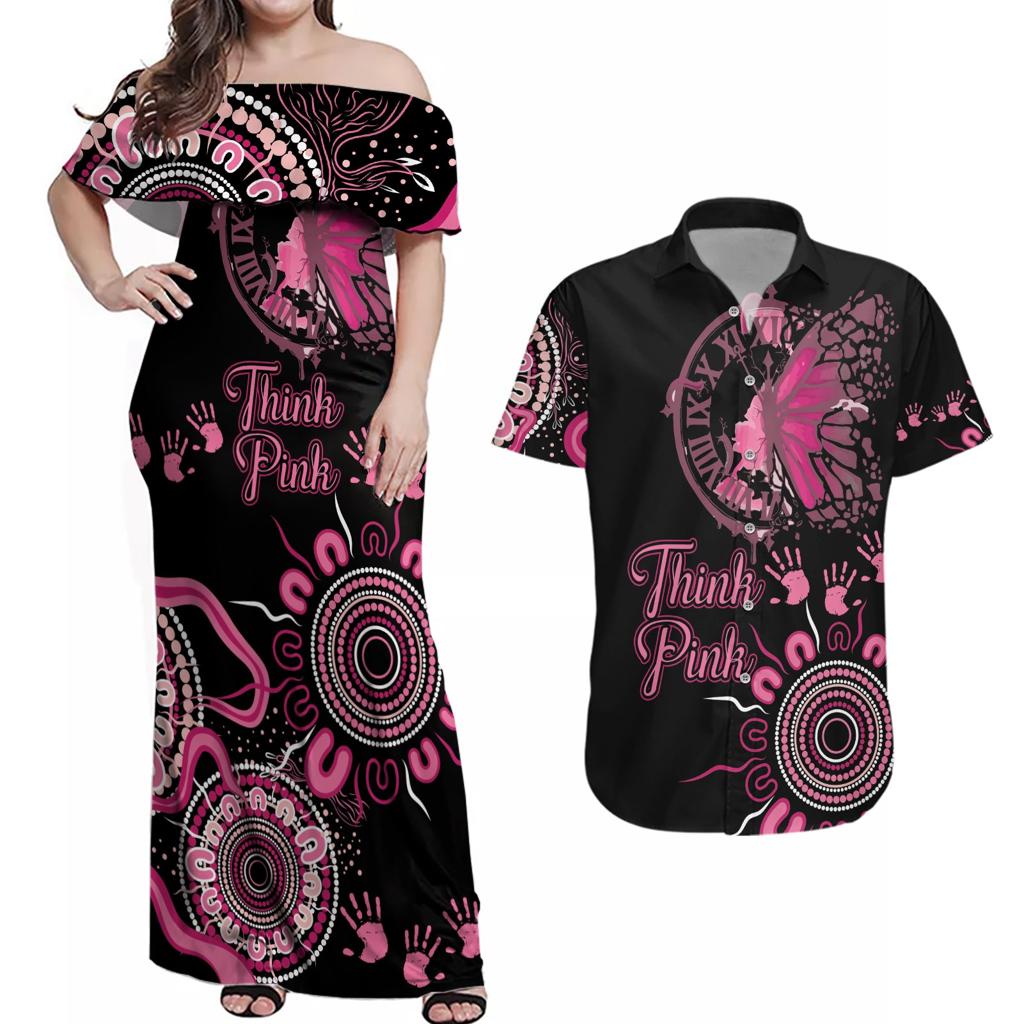 Personalised Aboriginal Ribbons Couples Matching Off Shoulder Maxi Dress and Hawaiian Shirt Think Pink Butterfly Art Wall Clock Breast Cancer