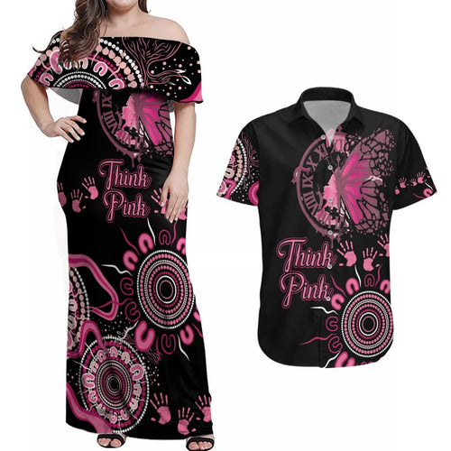 Personalised Aboriginal Ribbons Couples Matching Off Shoulder Maxi Dress and Hawaiian Shirt Think Pink Butterfly Art Wall Clock Breast Cancer