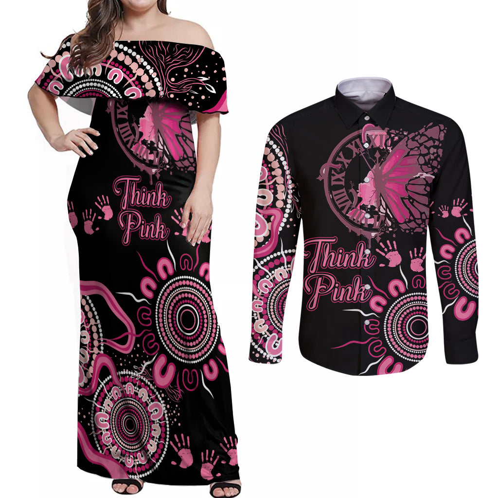 Personalised Aboriginal Ribbons Couples Matching Off Shoulder Maxi Dress and Long Sleeve Button Shirt Think Pink Butterfly Art Wall Clock Breast Cancer