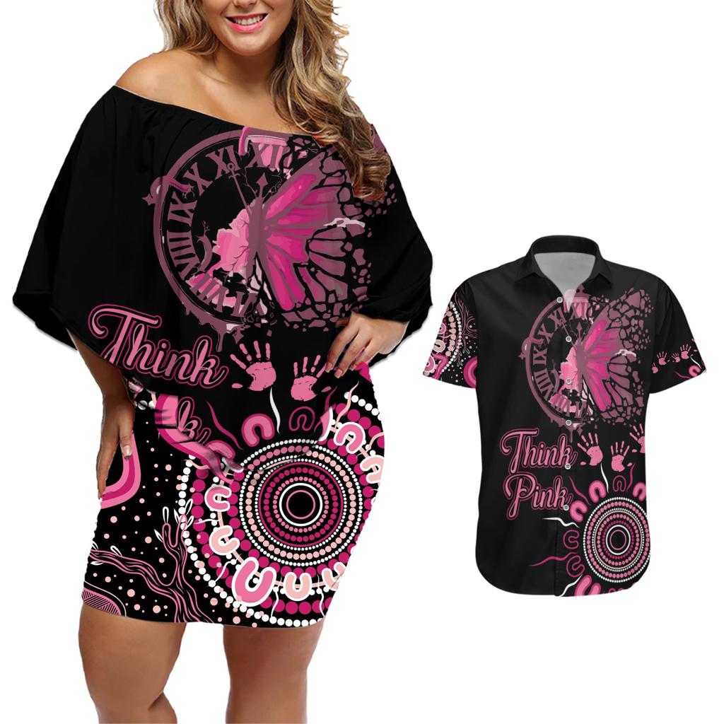 Personalised Aboriginal Ribbons Couples Matching Off Shoulder Short Dress and Hawaiian Shirt Think Pink Butterfly Art Wall Clock Breast Cancer