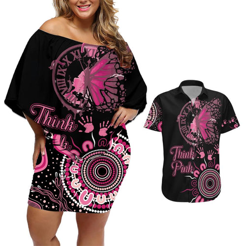 Personalised Aboriginal Ribbons Couples Matching Off Shoulder Short Dress and Hawaiian Shirt Think Pink Butterfly Art Wall Clock Breast Cancer