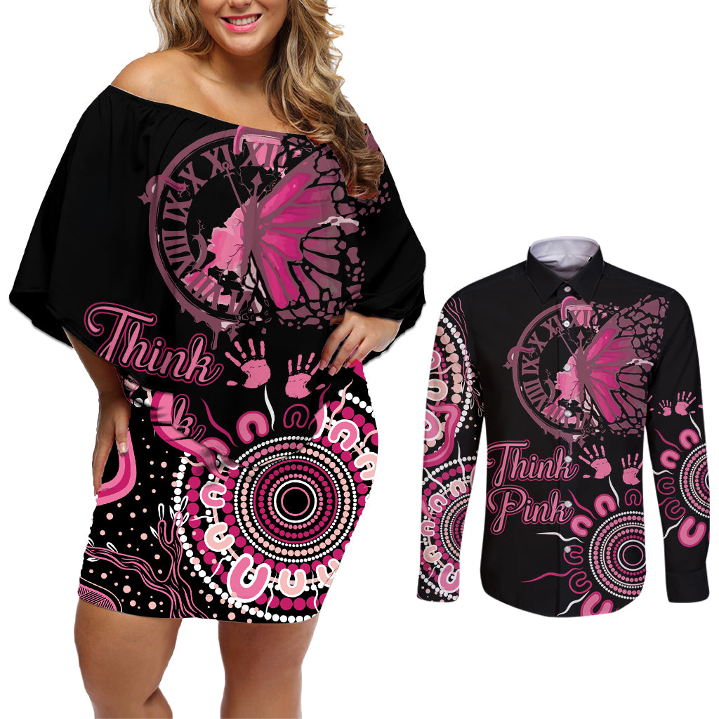 Personalised Aboriginal Ribbons Couples Matching Off Shoulder Short Dress and Long Sleeve Button Shirt Think Pink Butterfly Art Wall Clock Breast Cancer