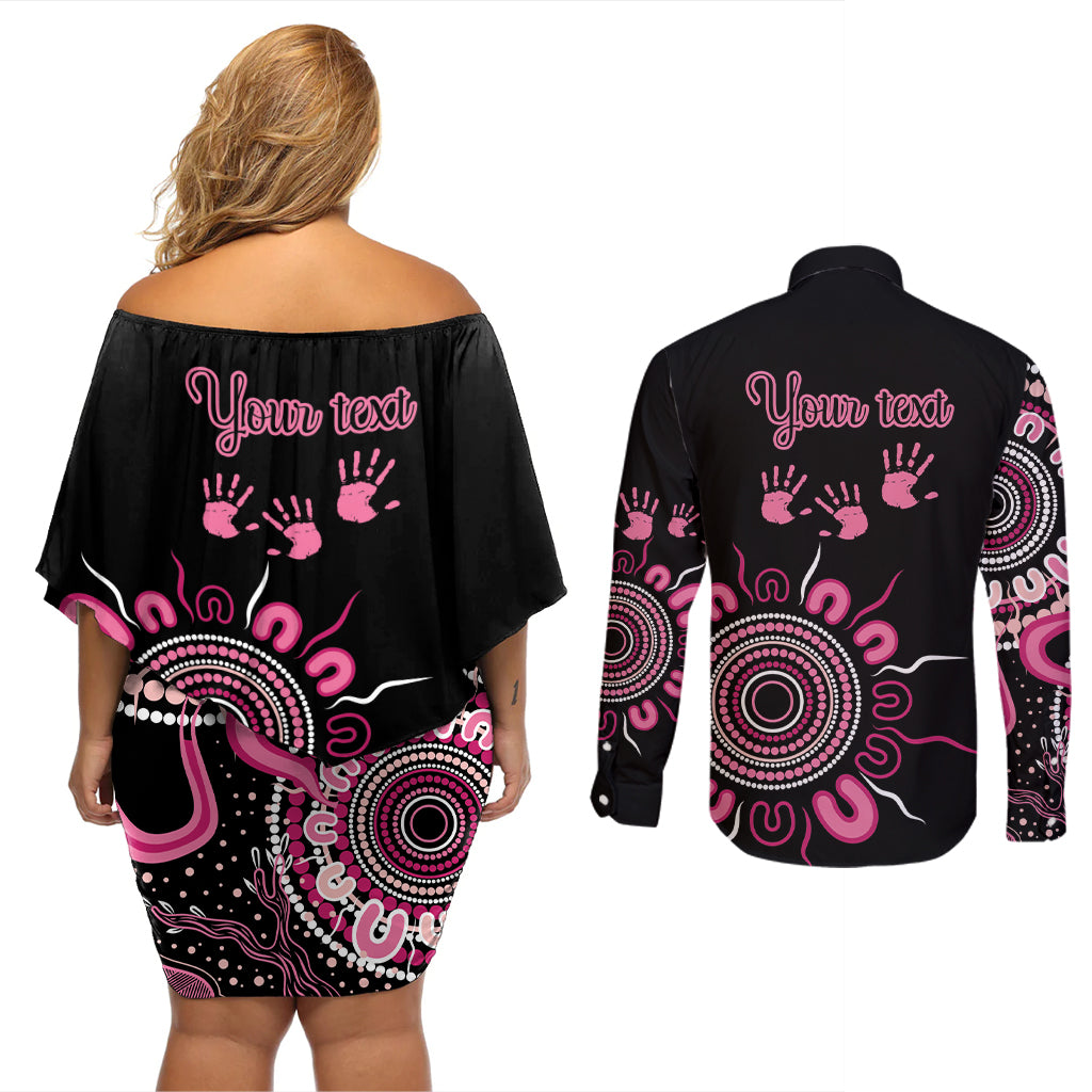 Personalised Aboriginal Ribbons Couples Matching Off Shoulder Short Dress and Long Sleeve Button Shirt Think Pink Butterfly Art Wall Clock Breast Cancer