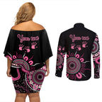 Personalised Aboriginal Ribbons Couples Matching Off Shoulder Short Dress and Long Sleeve Button Shirt Think Pink Butterfly Art Wall Clock Breast Cancer
