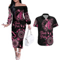 Personalised Aboriginal Ribbons Couples Matching Off The Shoulder Long Sleeve Dress and Hawaiian Shirt Think Pink Butterfly Art Wall Clock Breast Cancer