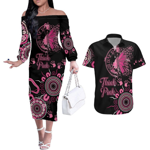 Personalised Aboriginal Ribbons Couples Matching Off The Shoulder Long Sleeve Dress and Hawaiian Shirt Think Pink Butterfly Art Wall Clock Breast Cancer