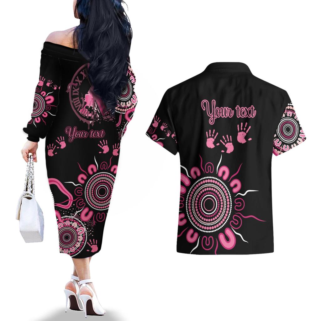 Personalised Aboriginal Ribbons Couples Matching Off The Shoulder Long Sleeve Dress and Hawaiian Shirt Think Pink Butterfly Art Wall Clock Breast Cancer