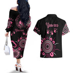 Personalised Aboriginal Ribbons Couples Matching Off The Shoulder Long Sleeve Dress and Hawaiian Shirt Think Pink Butterfly Art Wall Clock Breast Cancer