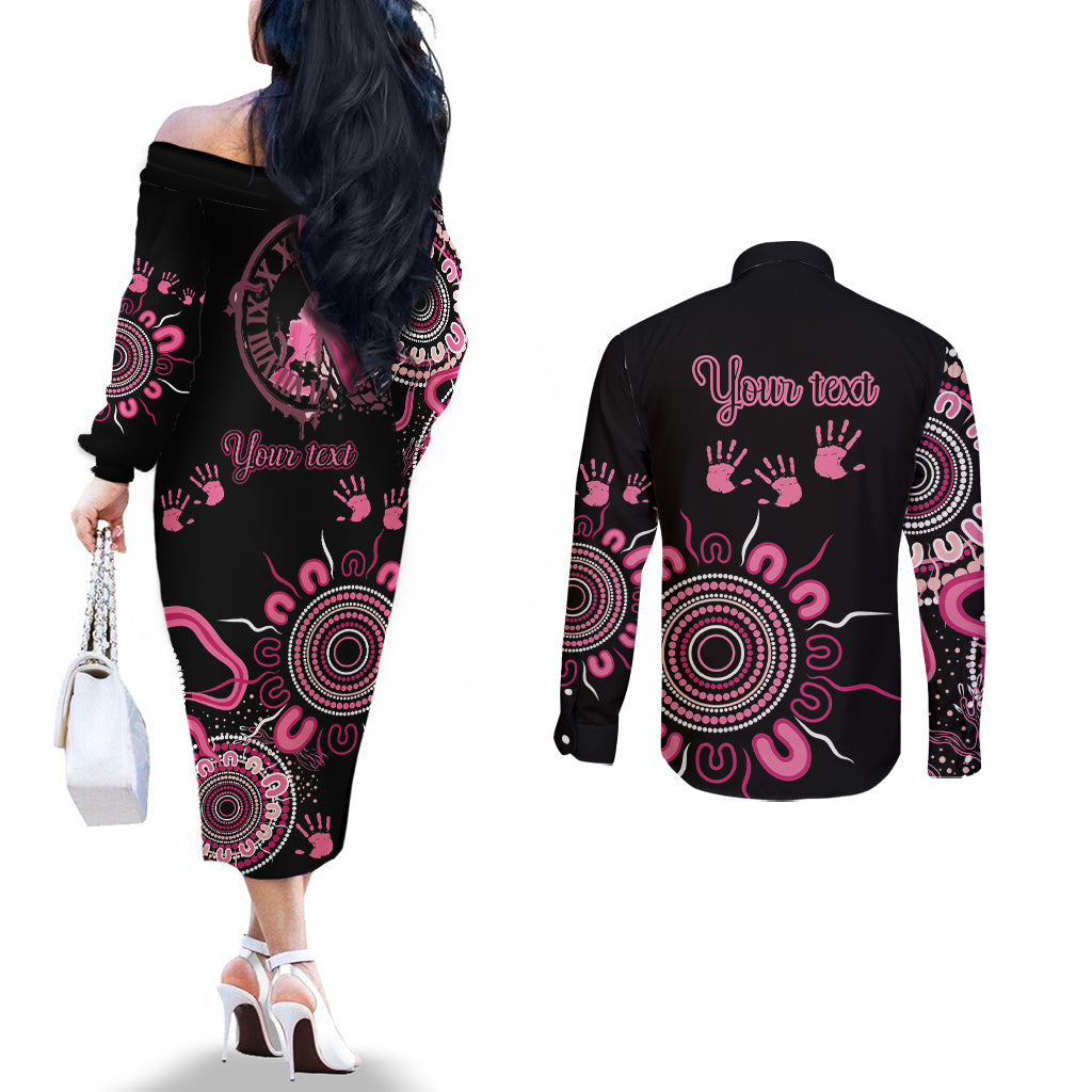 Personalised Aboriginal Ribbons Couples Matching Off The Shoulder Long Sleeve Dress and Long Sleeve Button Shirt Think Pink Butterfly Art Wall Clock Breast Cancer