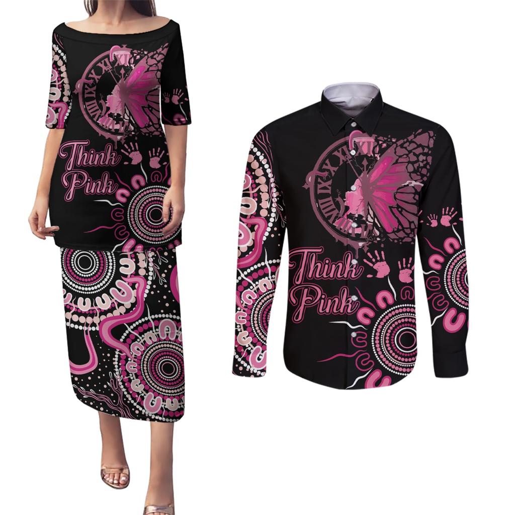 Personalised Aboriginal Ribbons Couples Matching Puletasi and Long Sleeve Button Shirt Think Pink Butterfly Art Wall Clock Breast Cancer