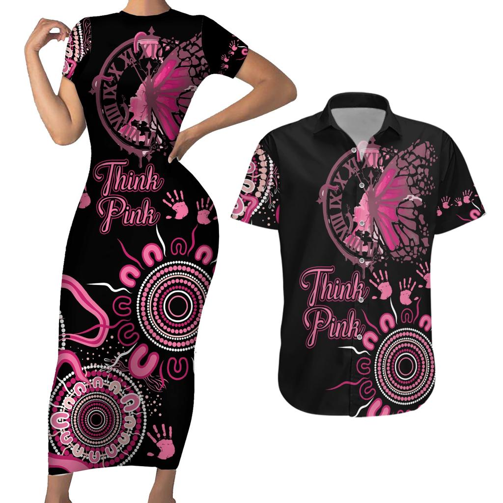 Personalised Aboriginal Ribbons Couples Matching Short Sleeve Bodycon Dress and Hawaiian Shirt Think Pink Butterfly Art Wall Clock Breast Cancer