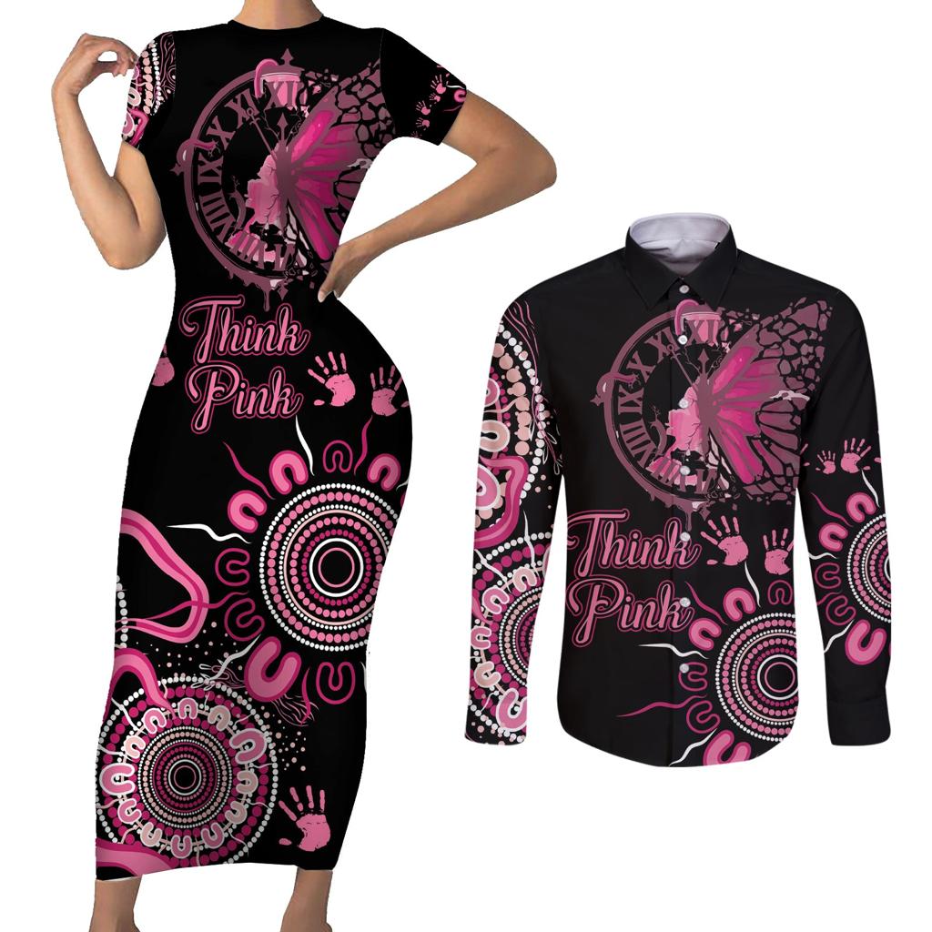 Personalised Aboriginal Ribbons Couples Matching Short Sleeve Bodycon Dress and Long Sleeve Button Shirt Think Pink Butterfly Art Wall Clock Breast Cancer