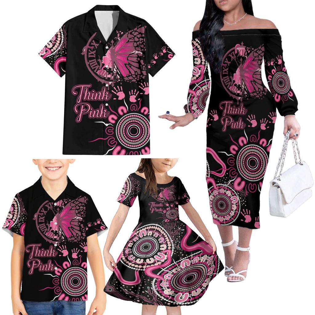 Personalised Aboriginal Ribbons Family Matching Off The Shoulder Long Sleeve Dress and Hawaiian Shirt Think Pink Butterfly Art Wall Clock Breast Cancer