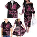Personalised Aboriginal Ribbons Family Matching Off The Shoulder Long Sleeve Dress and Hawaiian Shirt Think Pink Butterfly Art Wall Clock Breast Cancer