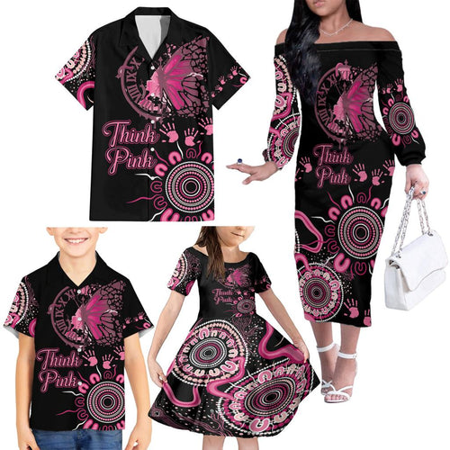 Personalised Aboriginal Ribbons Family Matching Off The Shoulder Long Sleeve Dress and Hawaiian Shirt Think Pink Butterfly Art Wall Clock Breast Cancer