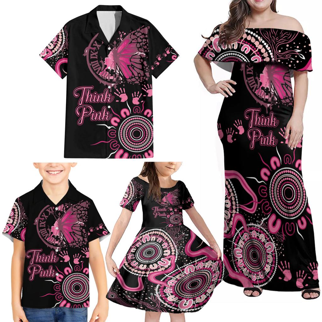 Personalised Aboriginal Ribbons Family Matching Off Shoulder Maxi Dress and Hawaiian Shirt Think Pink Butterfly Art Wall Clock Breast Cancer