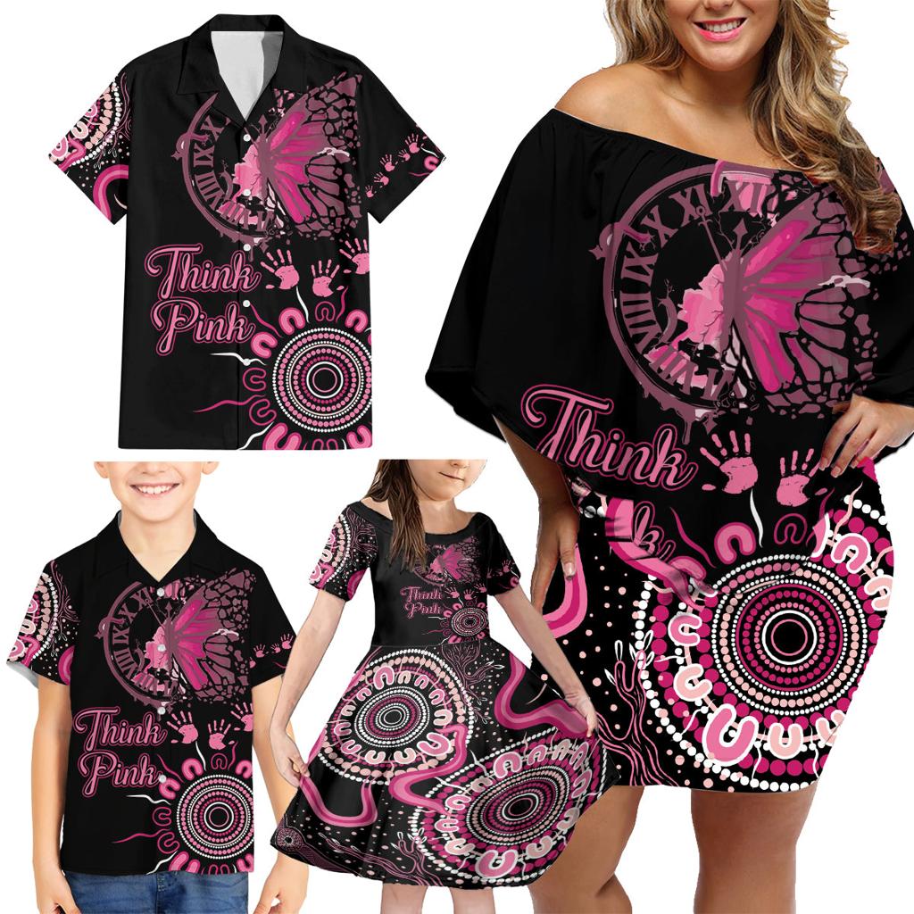 Personalised Aboriginal Ribbons Family Matching Off Shoulder Short Dress and Hawaiian Shirt Think Pink Butterfly Art Wall Clock Breast Cancer