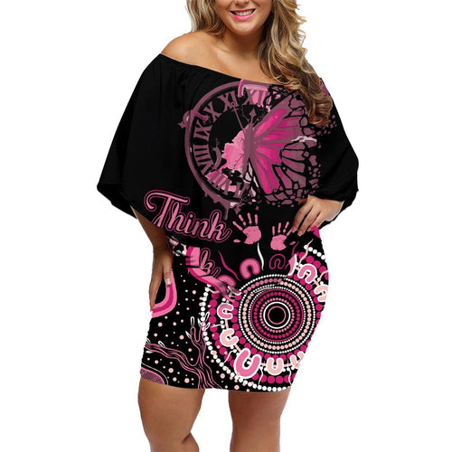 Personalised Aboriginal Ribbons Family Matching Off Shoulder Short Dress and Hawaiian Shirt Think Pink Butterfly Art Wall Clock Breast Cancer
