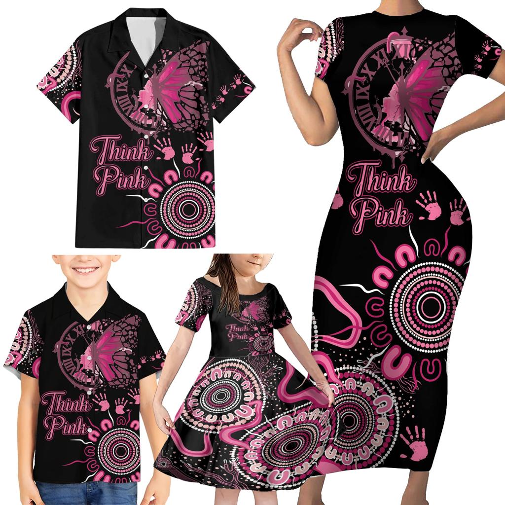 Personalised Aboriginal Ribbons Family Matching Short Sleeve Bodycon Dress and Hawaiian Shirt Think Pink Butterfly Art Wall Clock Breast Cancer