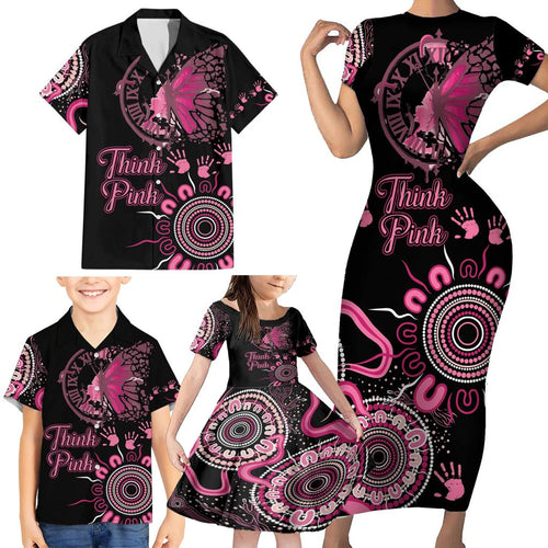 Personalised Aboriginal Ribbons Family Matching Short Sleeve Bodycon Dress and Hawaiian Shirt Think Pink Butterfly Art Wall Clock Breast Cancer