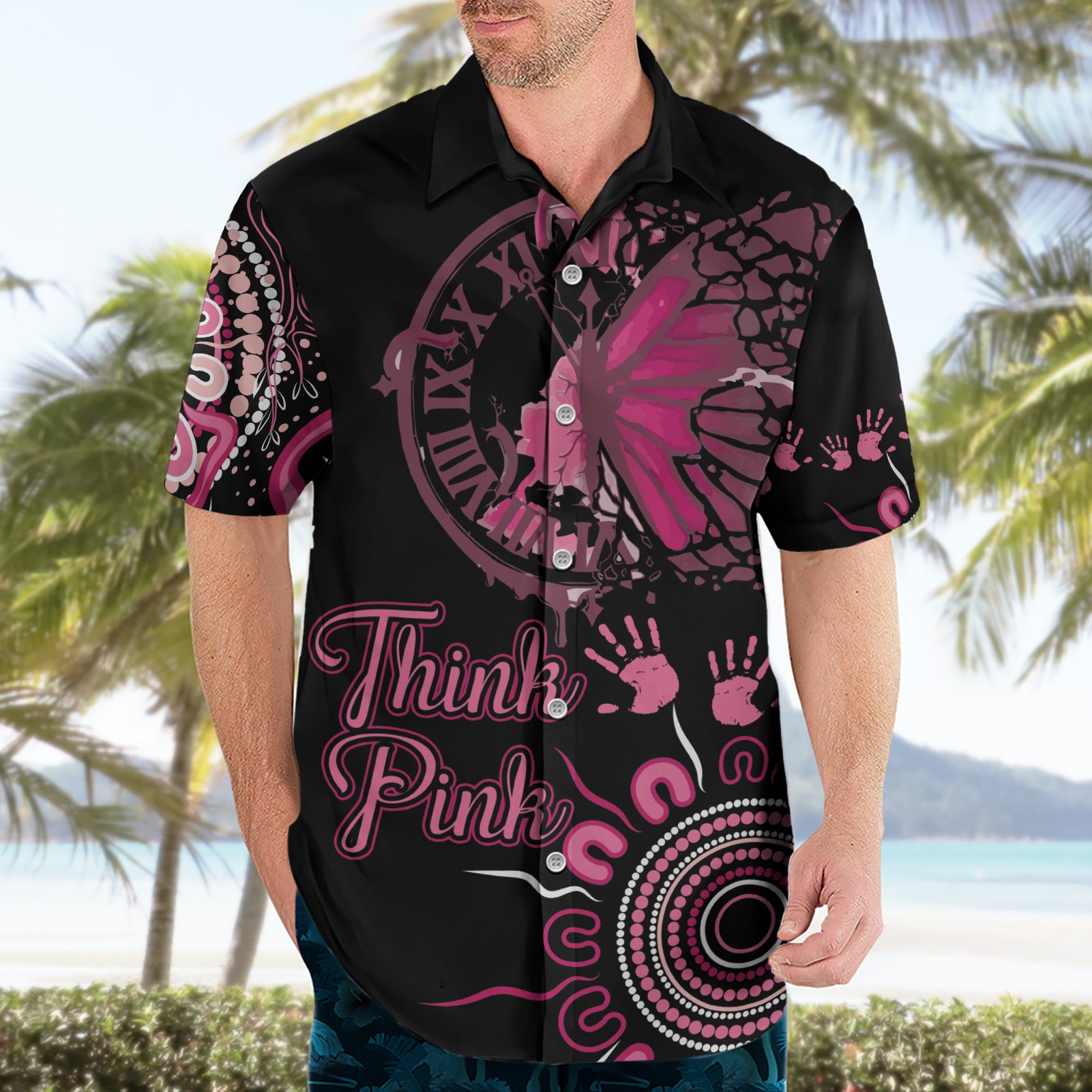 Personalised Aboriginal Ribbons Hawaiian Shirt Think Pink Butterfly Art Wall Clock Breast Cancer