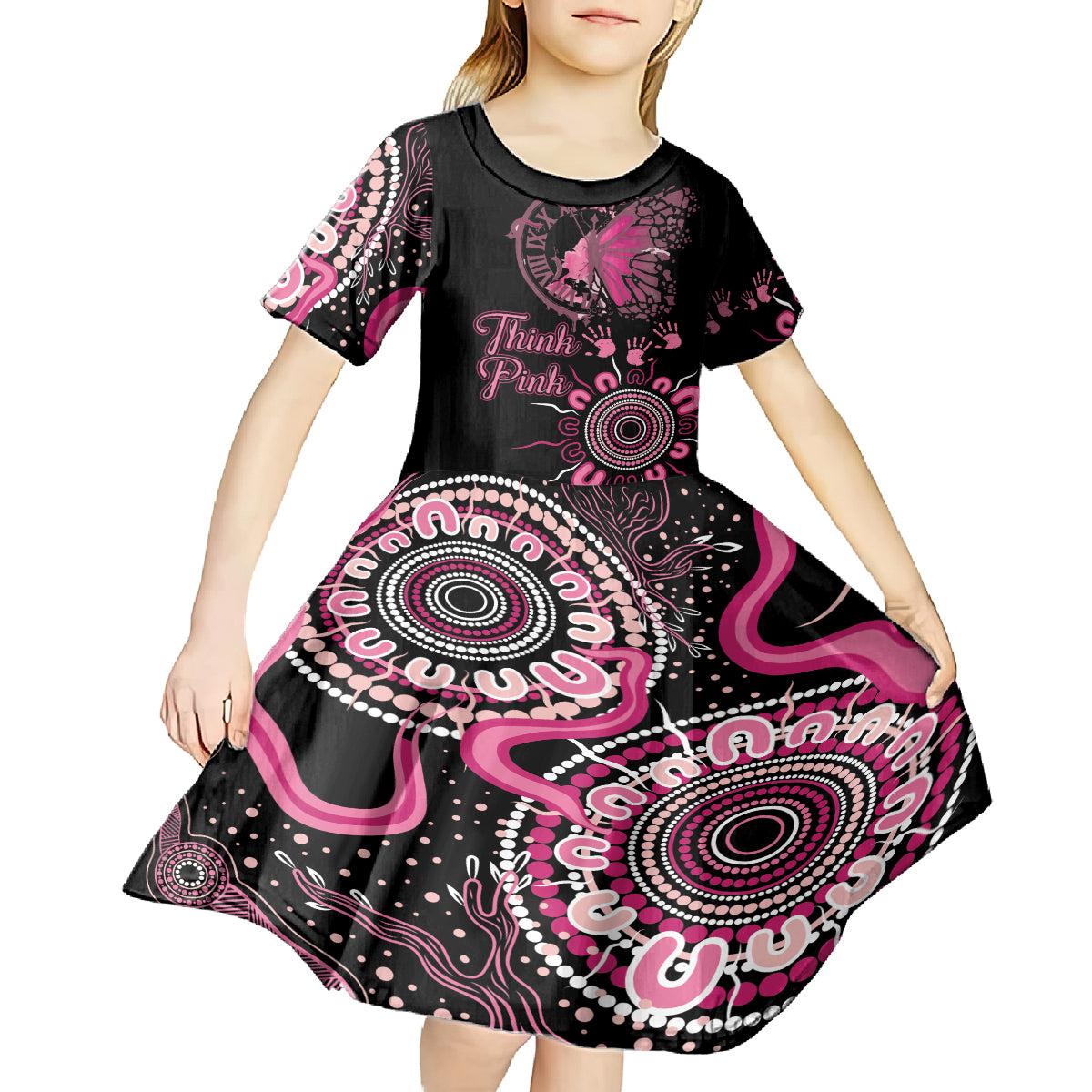 Personalised Aboriginal Ribbons Kid Short Sleeve Dress Think Pink Butterfly Art Wall Clock Breast Cancer