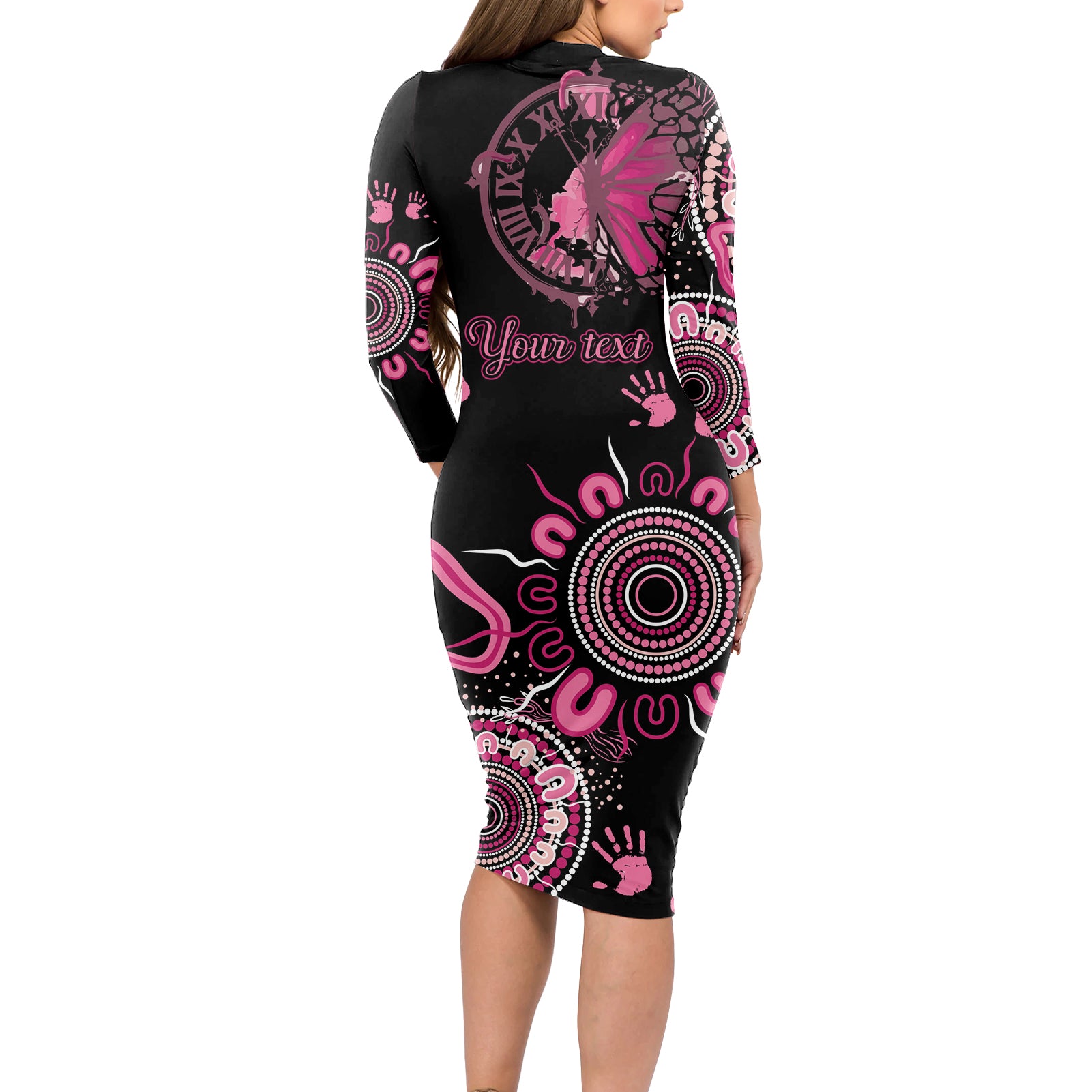 Personalised Aboriginal Ribbons Long Sleeve Bodycon Dress Think Pink Butterfly Art Wall Clock Breast Cancer