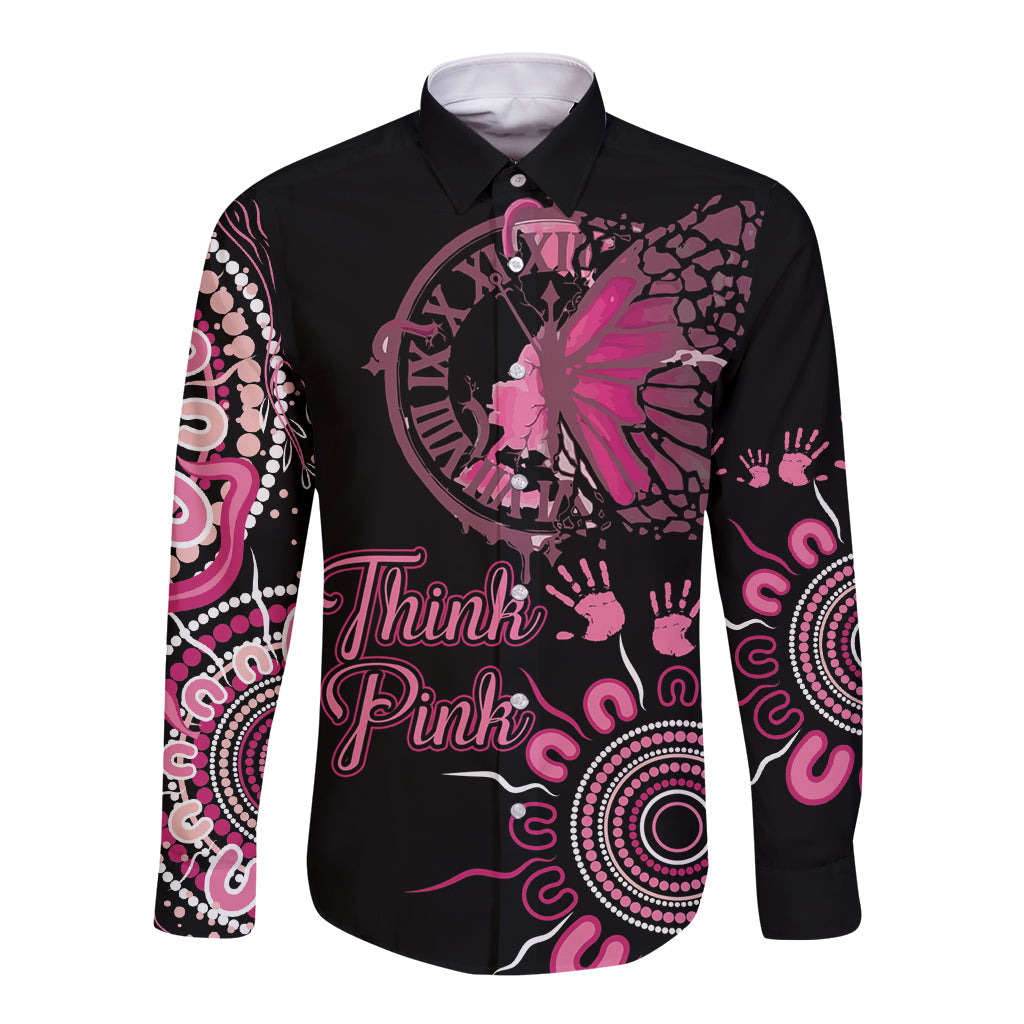 Personalised Aboriginal Ribbons Long Sleeve Button Shirt Think Pink Butterfly Art Wall Clock Breast Cancer