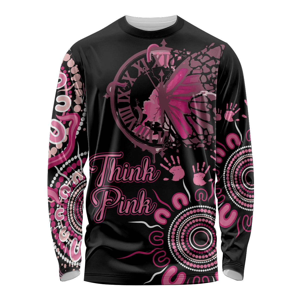 Personalised Aboriginal Ribbons Long Sleeve Shirt Think Pink Butterfly Art Wall Clock Breast Cancer