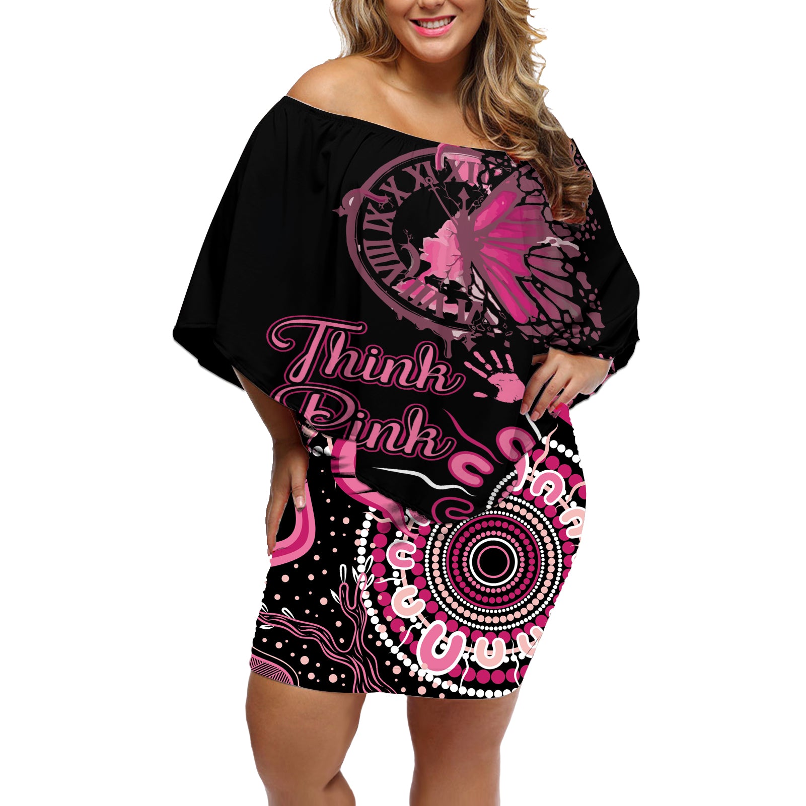 Personalised Aboriginal Ribbons Off Shoulder Short Dress Think Pink Butterfly Art Wall Clock Breast Cancer