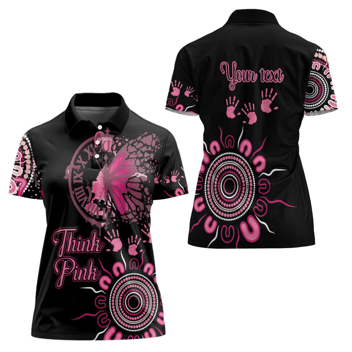 Personalised Aboriginal Ribbons Women Polo Shirt Think Pink Butterfly Art Wall Clock Breast Cancer