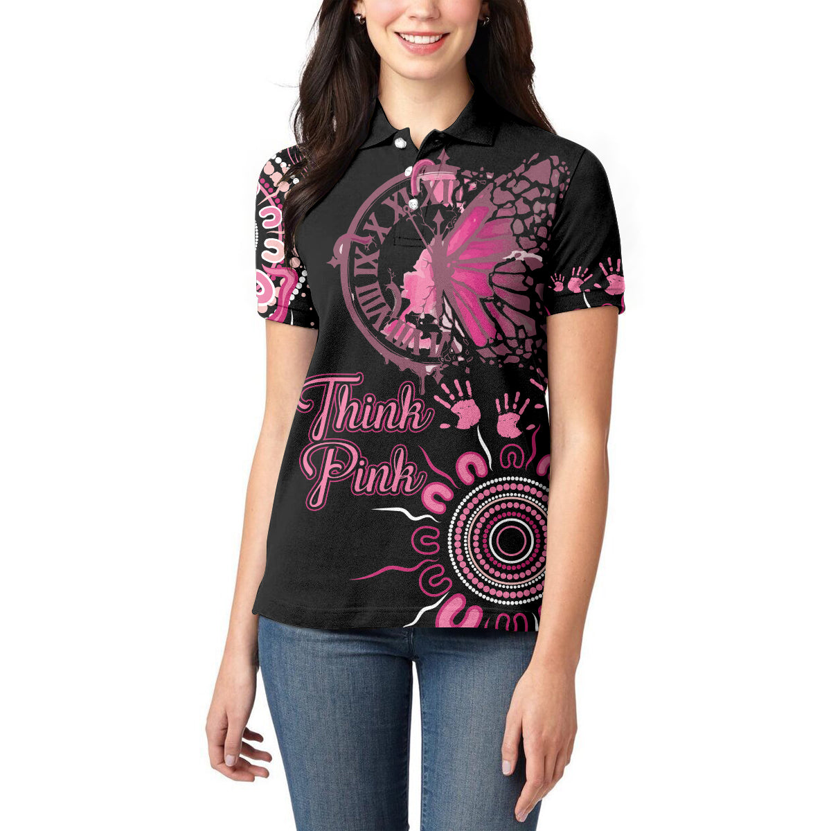 Personalised Aboriginal Ribbons Women Polo Shirt Think Pink Butterfly Art Wall Clock Breast Cancer