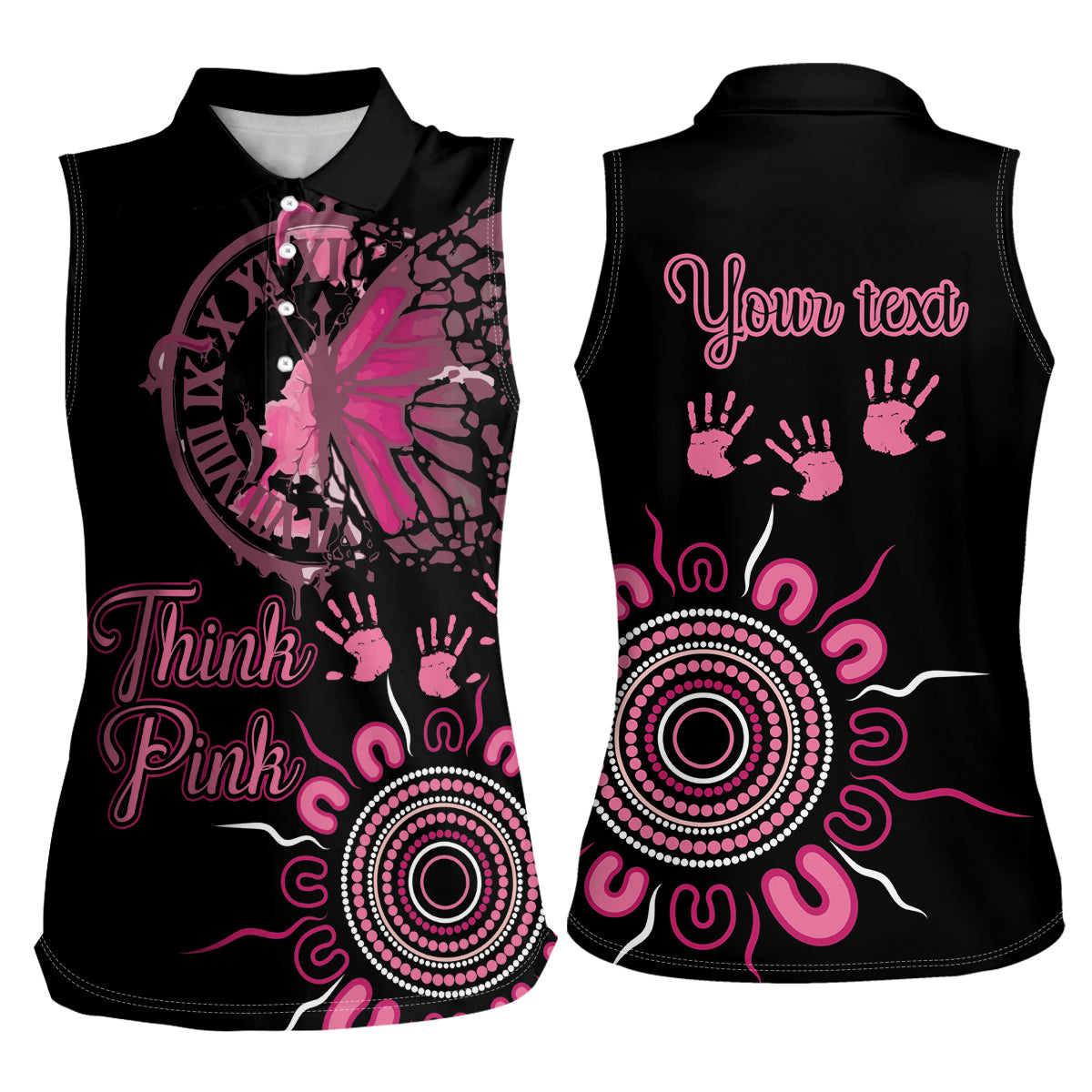 Personalised Aboriginal Ribbons Women Sleeveless Polo Shirt Think Pink Butterfly Art Wall Clock Breast Cancer