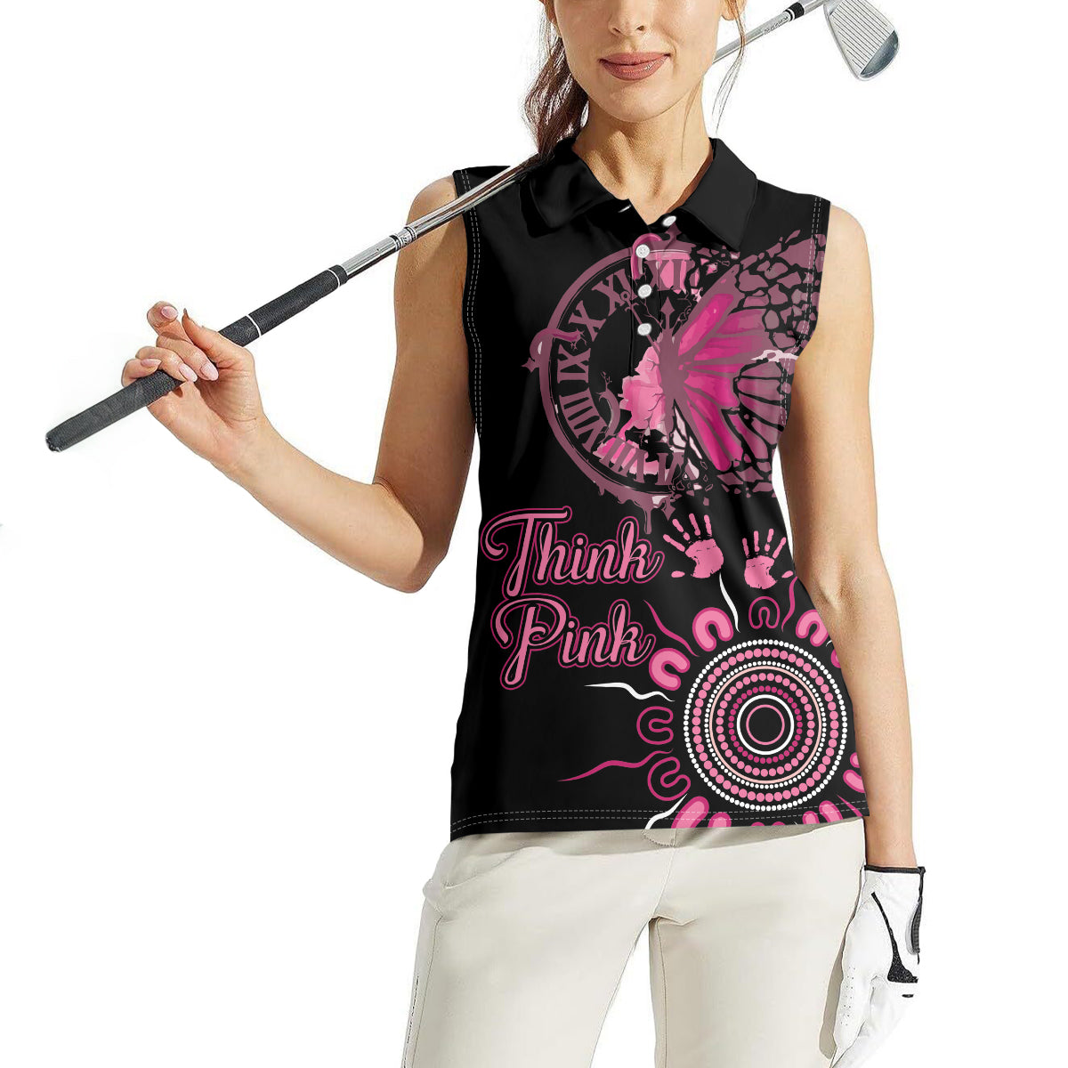 Personalised Aboriginal Ribbons Women Sleeveless Polo Shirt Think Pink Butterfly Art Wall Clock Breast Cancer