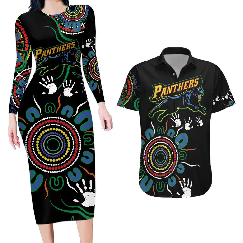 Personalised Panthers Aboriginal Dot Couples Matching Long Sleeve Bodycon Dress and Hawaiian Shirt Go the Mighty Panthers
