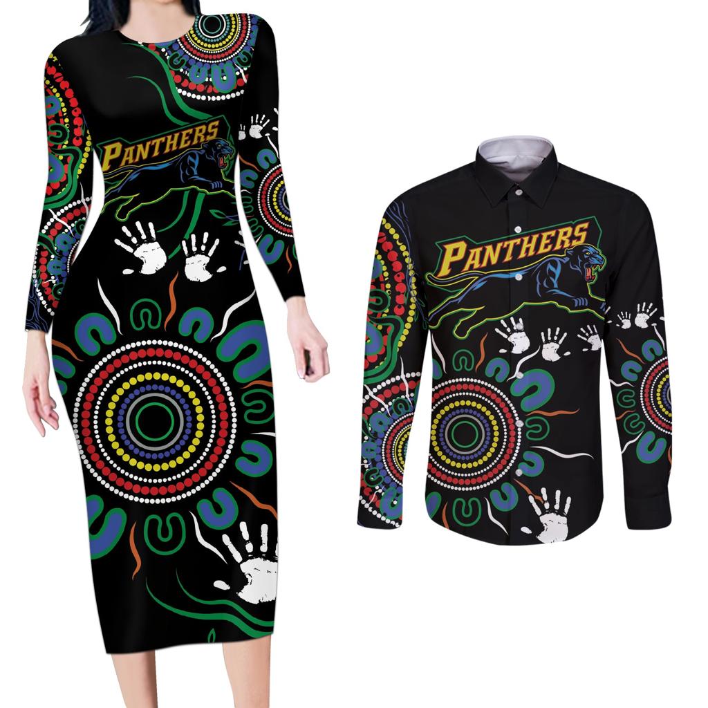Personalised Panthers Aboriginal Dot Couples Matching Long Sleeve Bodycon Dress and Long Sleeve Button Shirt Go the Mighty Panthers