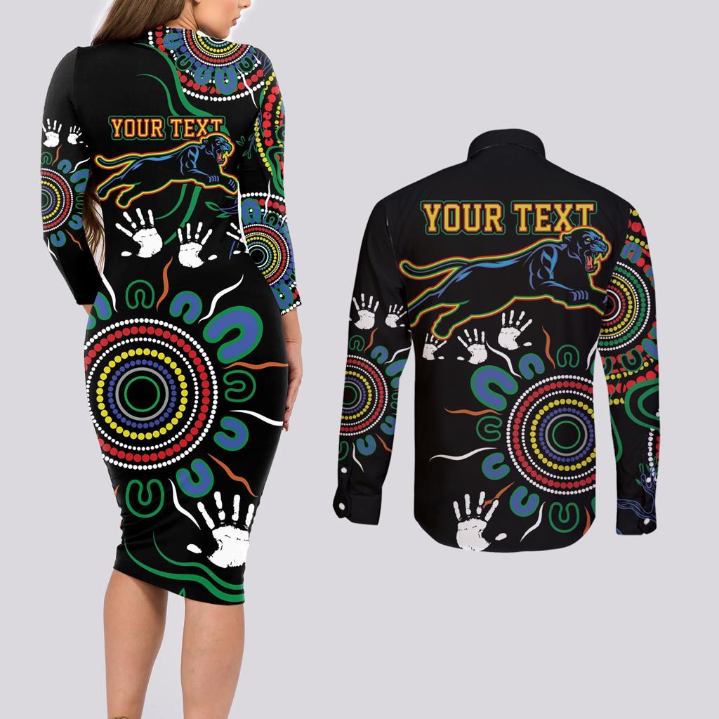 Personalised Panthers Aboriginal Dot Couples Matching Long Sleeve Bodycon Dress and Long Sleeve Button Shirt Go the Mighty Panthers