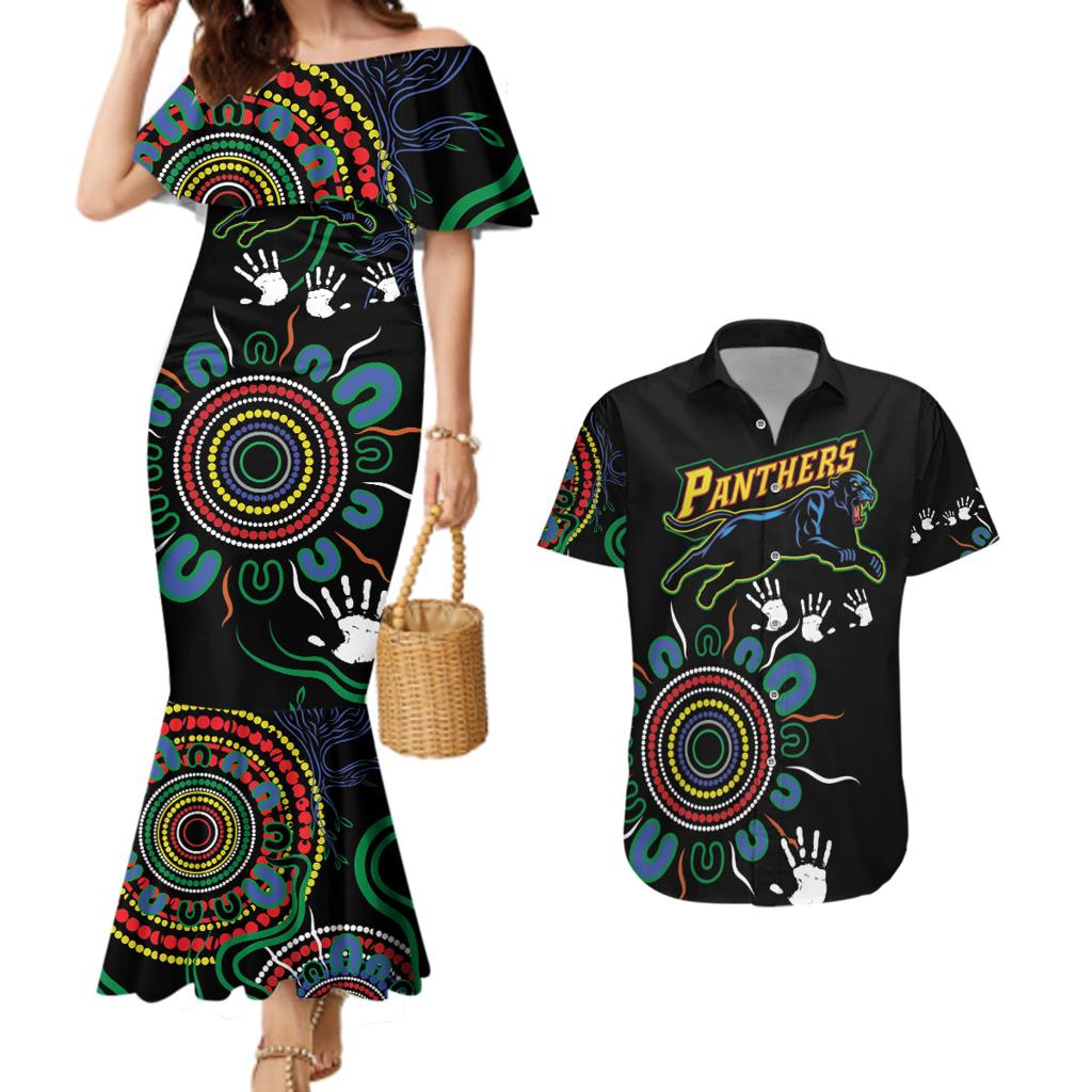 Personalised Panthers Aboriginal Dot Couples Matching Mermaid Dress and Hawaiian Shirt Go the Mighty Panthers