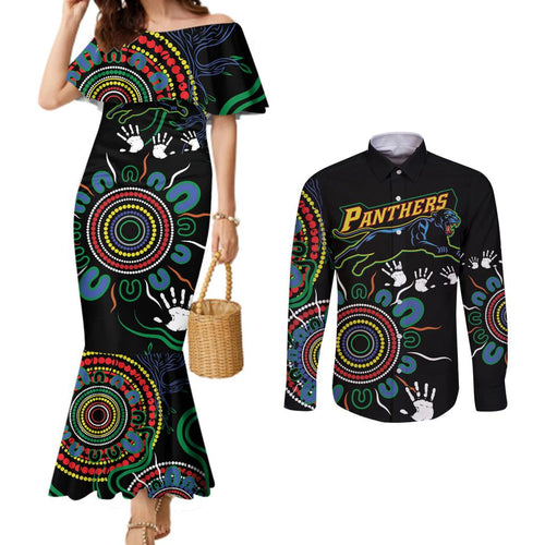 Personalised Panthers Aboriginal Dot Couples Matching Mermaid Dress and Long Sleeve Button Shirt Go the Mighty Panthers