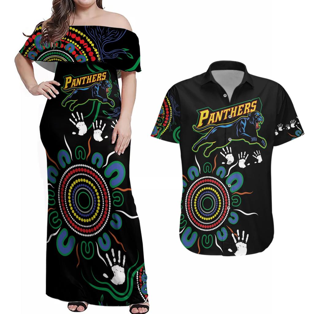 Personalised Panthers Aboriginal Dot Couples Matching Off Shoulder Maxi Dress and Hawaiian Shirt Go the Mighty Panthers