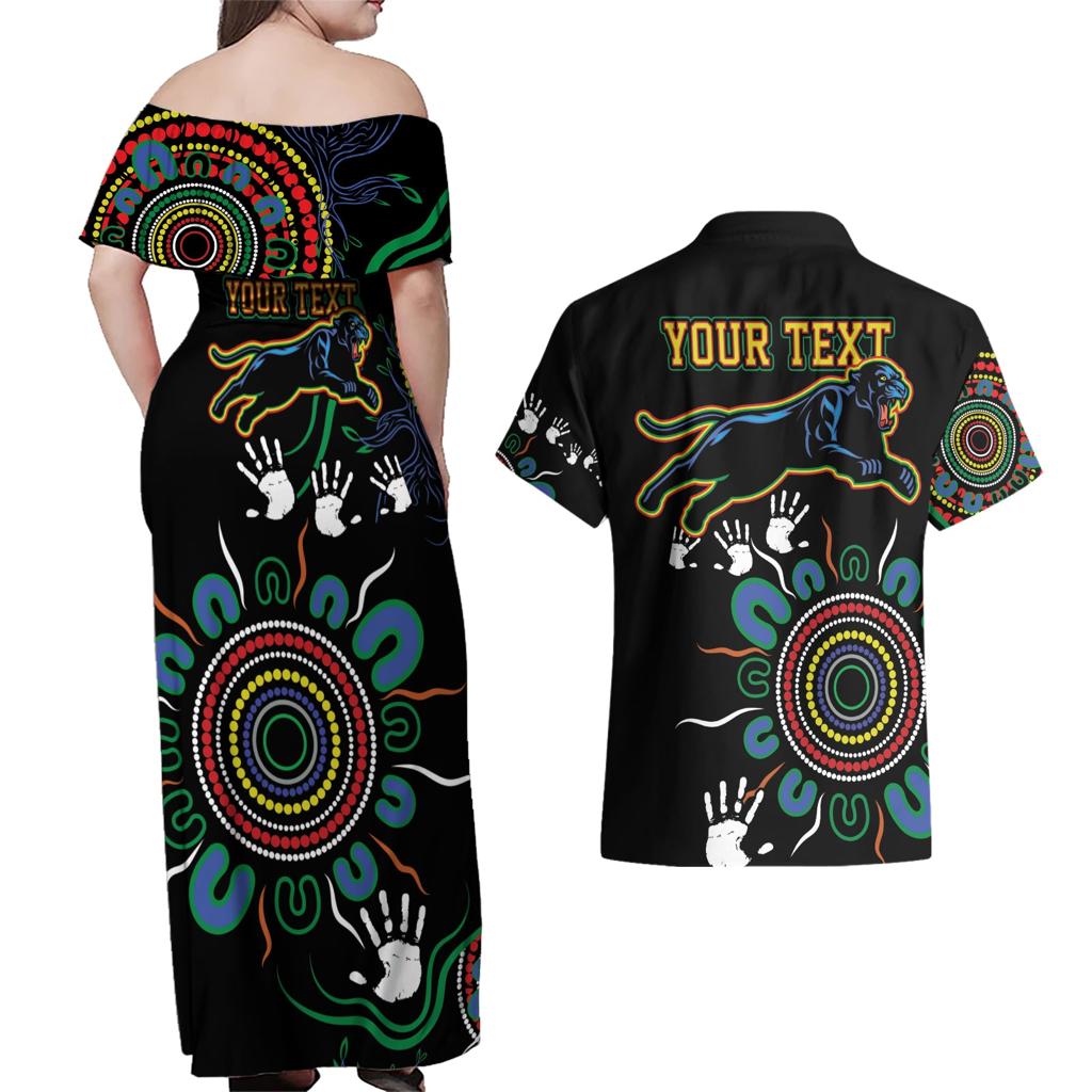 Personalised Panthers Aboriginal Dot Couples Matching Off Shoulder Maxi Dress and Hawaiian Shirt Go the Mighty Panthers